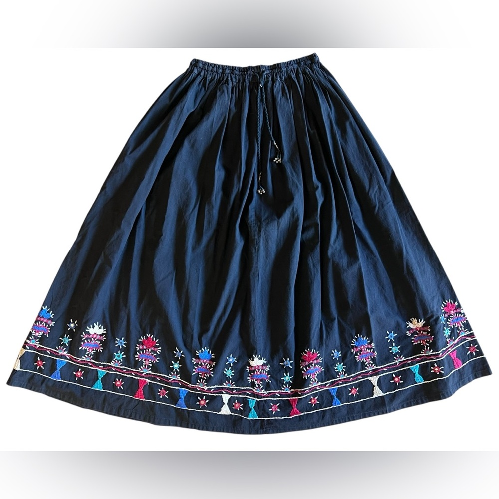 Gypsy Boho Hippie Artisan Black‎ Embroidered Maxi Skirt Sz S Pockets Retro Folk